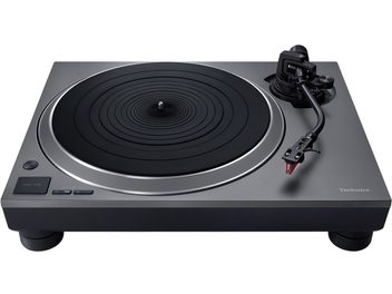 grijze Technics SL-1500CS platenspeler met directe aandrijving, zwart geribbeld draaiplateau en S-vormige toonarm met rode cartridge