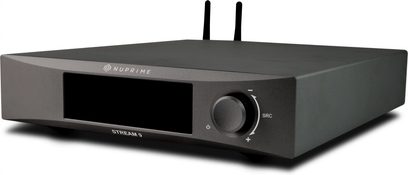 Síťový audio přehrávač Nuprime Stream 9 černý, pohled zepředu, čelní panel v černé barvě s displejem, ovládacím kolečkem a porty, dvě Wi-Fi antény