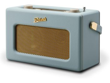 Radio de sobremesa Roberts Revival iStream 3L azul cielo, carcasa rectangular en cuero sintético con rejilla frontal metálica dorada y logo a juego, dos botones color crema y antena telescópica en la parte superior, correa lateral coordinada, vista tres cuartos frontal