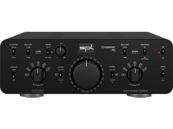 SPL Crossover Mk2 sort aktivt audiofilter, set forfra med frekvens- og fasekontroller samt stereo- eller monoudgange