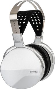 Åbne, kablede hi-fi-hovedtelefoner Hifiman Isvarna, sølvfarvede cirkulære ørekopper, sort perforeret metalbøjle, sorte ørepuder