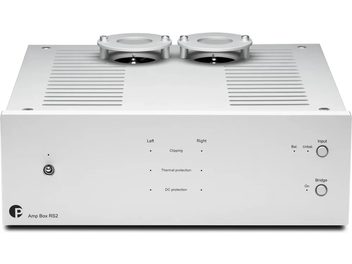 Hi-fi-forstærker Pro-Ject Amp Box RS2 sølv, set forfra, sølvfarvet kabinet med to synlige rør ovenpå