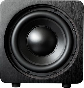 Velodyne Deep Blue 10 sort baskabin, set forfra, med en rund, mat sort højttaler i midten og sort gitter