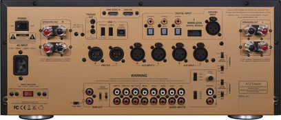Wzmacniacz hi-fi stereo Advance Paris A12 classic czarny, widok z przodu, przednia ścianka z przyciskami, gniazdami i wskaźnikami