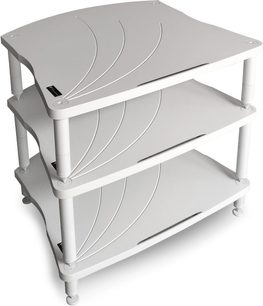 Bassocontinuo Lyra 2.1 hvid hi-fi møbel med 3 rektangulære, gennembrudte hylder, tubulær struktur, set fra 3/4 vinkel forfra