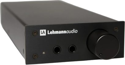 Lehmann Audio Linear D MKII sort hovedtelefonforforstærker, aluminiumsfront med stort lydstyrkeknap og dobbelt jack-udgang