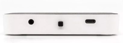 Hvid Octavio Stream netværksaudioafspiller, bagside, HDMI-, USB type A-, 3,5 mm jackstik- og Ethernet-porte