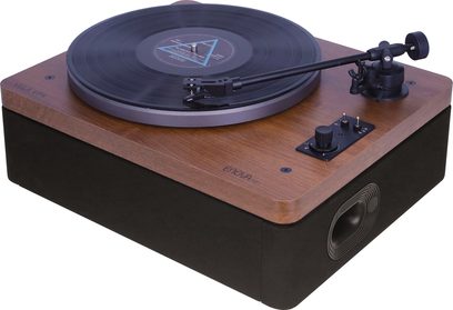 Gramofon Enova HIFI VELA VP4, hliníkový talíř v šedé barvě, černé rameno, dřevěný rám, tlačítka a přepínače, pohled ze tří čtvrtin