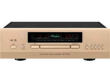 Accuphase DP-570S hifi CD-lejátszó elölnézetből, aranyszínű előlappal, fekete kijelzővel, piros számjegyekkel és középen elhelyezett lemeztálcával
