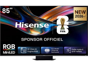 Televisor Hisense 85UR9S de 85 pulgadas, pantalla plana negra con bordes finos sobre soporte central, vista frontal