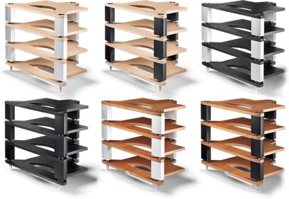 Scaffali modulari in legno chiaro e scuro, a 4 o 5 ripiani, su piedini metallici argentati, disponibili in 6 diverse colorazioni
