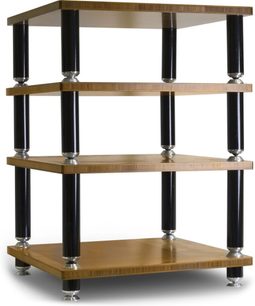 Mueble Hi-Fi Norstone Design Stäbbl HIFI de bambú con 4 estantes, estructura tubular negra, vista frontal