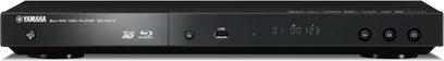 Yamaha BD-S673 melns Blu-ray atskaņotājs, skats no priekšpuses, ar LED displeju, USB un HDMI pieslēgvietām, un vadības pogām
