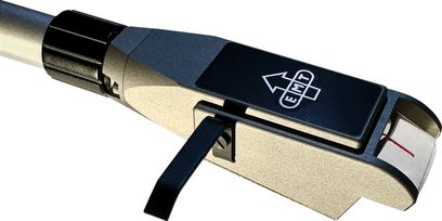 Thorens EMT Tondose 124 Exclusive phono cartridge, brushed gold and black metal, finger lever, red marker, three-quarter view