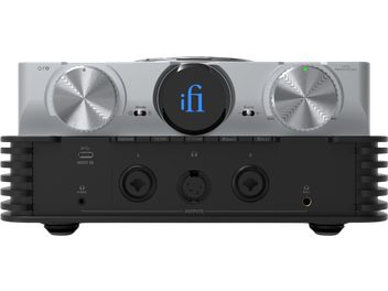 iFi Audio iDSD Phantom headphone preamp, silver front panel with large knurled knobs and black front headphone outputs