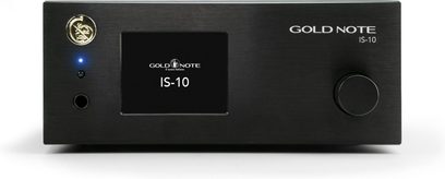 Svart integrerad stereo hi-fi-förstärkare IS-10, framsidesvy, central skärm, cirkulär knapp till höger, logotyp uppe till vänster