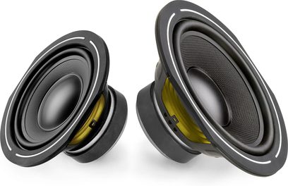 Two Triangle Borea BR10 light oak speakers viewed from the front, with black woofers and yellow tweeters on gray baffles