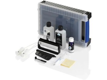 Kit de limpeza para toca-discos ClearAudio Professional incluindo escovas, frascos e panos em uma caixa transparente