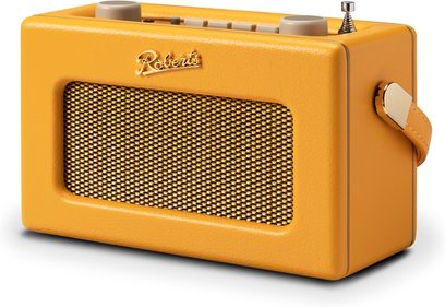 Radio da tavolo Roberts Revival Uno BT gialla in similpelle tessuta, vista da tre quarti anteriore destra, frontale con griglia metallica dorata e logo abbinato, pulsanti color crema sulla parte superiore, antenna telescopica e cinghia laterale coordinata