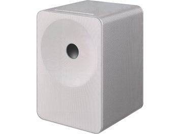 Altavoz conectado Samsung HW-LS71H gris claro con diseño rectangular redondeado, frontal perforado y detalle negro central