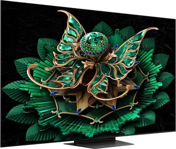 TCL 50C7K svart högupplöst TV, platt glasskärm utan synliga ramar monterad på ett centralt rektangulärt metallstativ, sedd snett framifrån
