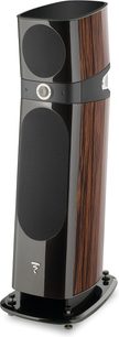 Standlautsprecher Focal Sopra N°2 Macassar, Vorderansicht, dunkle Holzoberfläche, 2 ovale schwarze Gitter, schwarzer Sockel mit Füßen