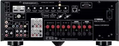 Yamaha RX-A870 sort hjemmebiografsforstærker, frontpanel, frontvisning, mange stik og knapper, central LCD-skærm