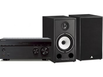 Amplificator-tuner stereo Sony STR-DH190 negru cu o pereche de boxe de raft Triangle negre cu difuzor alb