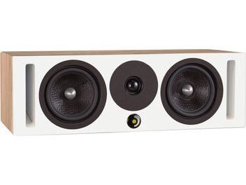 Senterhøyttaler Davis Acoustics Krypton C Nordik hvit, frontvisning, 2 svarte runde høyttalere, sentral diskant, sideventiler