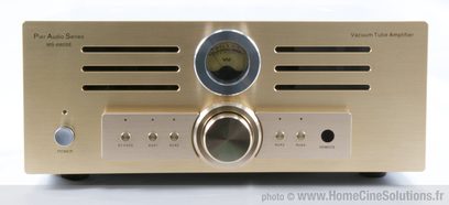 Ampli hi-fi stéréo à tubes Pier Audio MS-680SE, façade avant dorée avec boutons, prises et vu-mètre analogique bleu