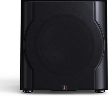 Subwoofer Perlisten D12s negru, vedere frontală, grilaj negru, picioare circulare, logo în partea de jos, central