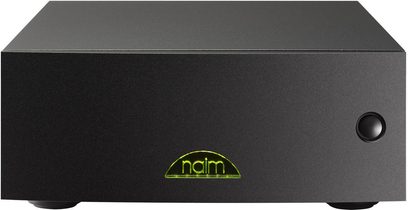 Rektangulær sort kabinet Naim HiCap2 DR, set forfra, med grønt "naim"-logo og sort knap på højre side