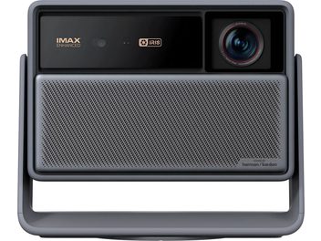 Grey and black XGIMI Horizon 30 Max projector, front view with perforated grille, lens on the right and U-shaped stand