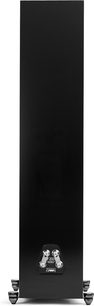 MartinLogan Motion XT F200 sort lakeret søjlehøjttaler set bagfra med synlige tilslutningsterminaler nederst og metalfødder