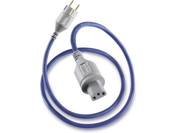 Cable de alimentación sectorial EVO3 Premier 1,5m, vista desde arriba, conectores grises, cable azul, 2 clavijas doradas