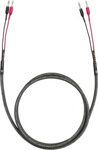 Cardas HP 101 Speaker luidsprekerkabel 2 x 3m, bovenaanzicht, zwarte mantel, rode en zwarte banaanstekkers, bedrukte tekst