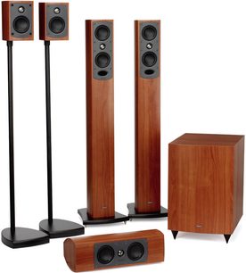 Tannoy HTS-200 wood floorstanding and bookshelf speaker pack, with black speakers and matching subwoofer