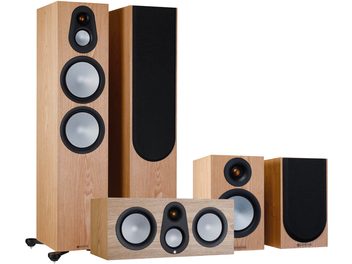 Pacchetto di diffusori da pavimento Monitor Audio Silver 500 7G in rovere chiaro con altoparlanti neri, visto di fronte e di lato