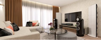 Moderne stue med beige sofa, rund glasbordplade, Bowers & Wilkins hjemmebiografsystem og træakustikpaneler på væggen
