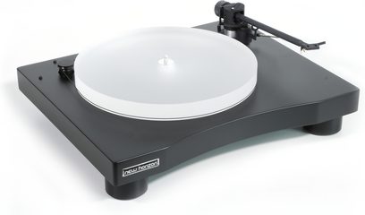 New Horizon 301 sort pladespiller, tonarm, hvid plade, rektangulært mat sort chassisdesign, set fra en trekvartvinkel