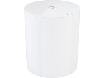 Elipson Planet Sub lackerad vit cylindrisk subwoofer, ovanifrån, slät och glänsande yta