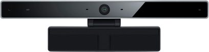 Panasonic TY-CC20W sort webcam, set forfra og ovenfra, aflang rektangulær form, centreret kamera, indbyggede mikrofoner