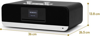 Roberts Blutune 300L sort bordradio, sølvfarvet aluminiumsfront, centralt display og to store knapper på toppen