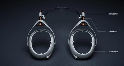 Lukket hi-fi hovedtelefon fra Meze Audio Liric i aluminium, magnesium og stål, set forfra, cirkulære ørekopper med central gitter