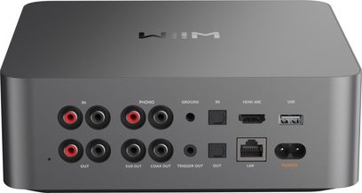 Tinklo garso grotuvas WiiM Ultra, galinis vaizdas, RCA jungtys, HDMI ARC, USB, LAN, maitinimas, pilkas korpusas, lygi paviršiaus tekstūra