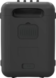 Přenosný Bluetooth reproduktor Klipsch Vegas, pohled zezadu, matný černý povrch, integrovaná rukojeť, žebrovaný obdélníkový výfuk, port AC IN