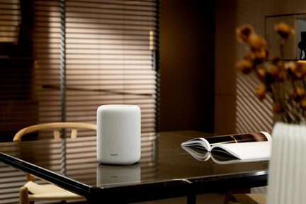 Witte cilindervormige Wiim slimme luidspreker op een marmeren tafel in een moderne woonkamer