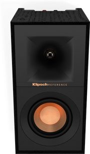 Enceinte Klipsch Reference noire, vue de face, tweeter au centre, haut-parleur en bas, logo doré "Klipsch Reference"