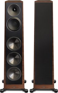 Diffusori da pavimento Paradigm Founder 120H in noce, 3 altoparlanti circolari neri, tweeter nero, frontale nero, lati in legno
