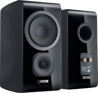 Altavoz de estantería Canton Vento 31 negro lacado, vista frontal y trasera, caja compacta con ángulos redondeados y doble altavoz